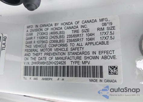 2019 Honda Cr-V Lx z USA, uszkodzony, nr VIN 2HKRW6H32KH224626